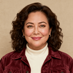 AI-generated portrait of a young woman with wavy hair, wearing a red sweater, posed with a soft smile against a tan background in diffused light.