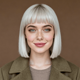 AI-generated portrait of a young woman with straight light hair and bangs, wearing layered clothing, posed with a gentle expression against a muted brown background in soft lighting.