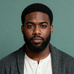 AI-generated portrait of a young man with short curly hair and a full beard, wearing a knit sweater, posed with a neutral expression against a muted green background in soft lighting.
