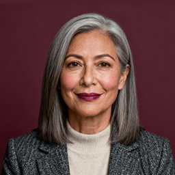 AI-generated portrait of a middle-aged woman with long gray hair, wearing a blazer, posed with a calm expression against a deep maroon background with soft lighting.