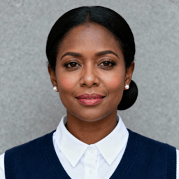 AI-generated portrait of a young woman with braided hair pulled back, wearing a sweater vest over a collared shirt, posed with a neutral expression against a gray background in soft lighting.