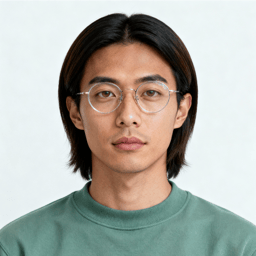 AI-generated portrait of a young man with medium-length straight hair and round glasses, wearing a casual sweatshirt, posed with a neutral expression against a pale background in soft light.