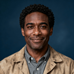 AI-generated portrait of a young man with short curly hair, wearing a casual jacket, posed with a warm smile against a deep blue background in soft lighting.