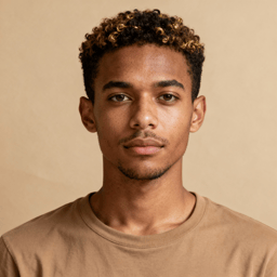 AI-generated portrait of a young man with short curly hair and defined features, wearing a casual cotton shirt, posed with a neutral expression against a warm tan background in soft light.
