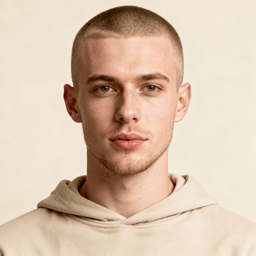 AI-generated portrait of a young man with closely cropped hair and smooth features, wearing a hoodie, posed with a neutral expression against a light beige background in soft light.
