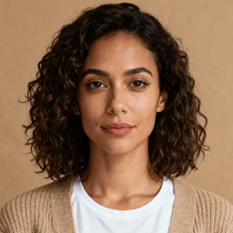 AI-generated portrait of a young woman with short curly hair and natural makeup, wearing a light cardigan and top, posed with a calm expression against a warm neutral background in diffused light.