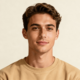 AI-generated portrait of a young man with neatly styled short hair and smooth features, wearing a casual crewneck shirt, posed with a relaxed expression against a warm neutral background in soft light.