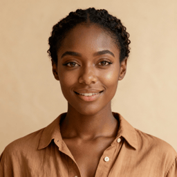 AI-generated portrait of a young woman with pulled-back hair and natural makeup, wearing a casual blouse, posed with a gentle expression against a warm beige background in diffused light.