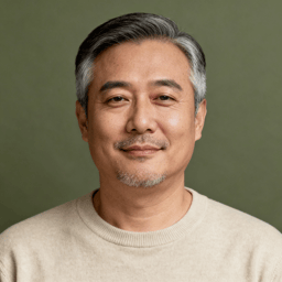 AI-generated portrait of a middle-aged man with short graying hair and trimmed facial hair, wearing a casual knit top, posed with a composed expression against a muted green background in soft light.