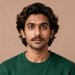 AI-generated portrait of a young man with medium-length wavy hair and light facial hair, wearing a plain sweatshirt, posed with a neutral expression against a warm background in even light.