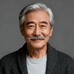 AI-generated portrait of an older man with gray hair and a mustache, wearing a casual sweater, posed with a gentle expression against a neutral gray background in even light.