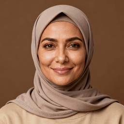 AI-generated portrait of a middle-aged woman wearing a headscarf and simple top, posed with a soft expression against a neutral warm background in even light.