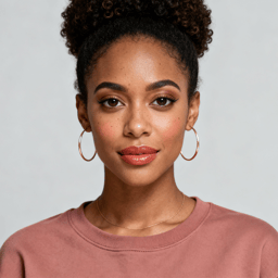 AI-generated portrait of a young woman with curly hair pulled back, wearing a puce colored shirt and gold earrings, posed with a neutral expression against a soft gray background in even light.