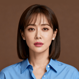 AI-generated portrait of a young woman with shoulder-length hair, wearing a light blouse, posed with a calm expression against a warm background in even light.