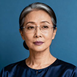AI-generated portrait of a middle-aged woman with gray hair pulled back and glasses, wearing a minimal blouse, posed with a composed expression against a cool blue background in low-contrast light.
