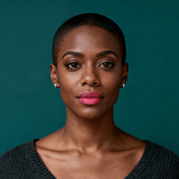 AI-generated portrait of a young woman with closely cropped hair and defined features, wearing a simple top, posed with a steady expression against a deep teal background in soft moody light.