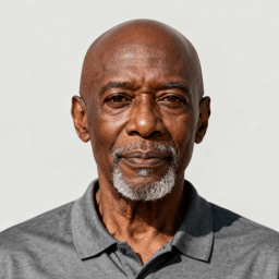 AI-generated portrait of an older man with short gray hair and defined features, wearing a simple shirt, posed with a calm expression against a slate background in soft moody light.