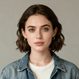 AI-generated portrait of a young woman with short wavy hair and defined brows, wearing a casual jacket over a top, posed with a neutral expression against a textured neutral background in soft balanced light.