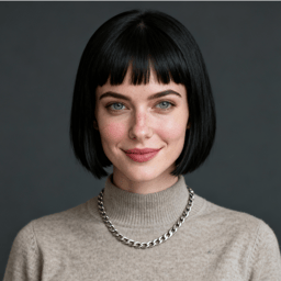 AI-generated portrait of a young woman with shoulder-length black hair, wearing a light gray sweater, posed with a gentle smile against a textured dark gray background in balanced light.