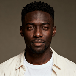 AI-generated portrait of a young man with short black hair and trimmed beard, wearing a white t-shirt and cream overshirt, with a calm, steady gaze against an olive background in balanced light.