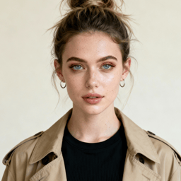 AI-generated portrait of a young woman with hair tied back and defined brows, wearing a light jacket, posed with a calm expression against a neutral textured background in balanced light.