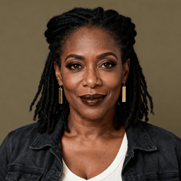 AI-generated portrait of a middle-aged woman with braided hair and defined features, wearing a dark jacket, posed with a confident expression against a neutral textured background in balanced light.