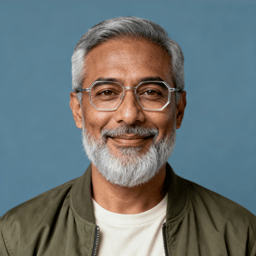AI-generated portrait of a middle-aged man with short gray hair, a full beard, and glasses, wearing a casual jacket and shirt, posed with a gentle smile against a textured neutral background in balanced light.