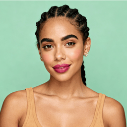 AI-generated portrait of a young woman with braided hair, wearing a sleeveless top, posed with a soft smile against a light green background in natural light.