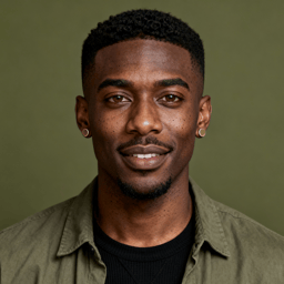 AI-generated portrait of a young man with short hair and trimmed facial hair, wearing a casual jacket, posed with a relaxed expression against an olive background in soft light.