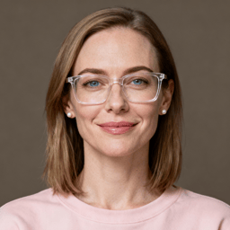 AI-generated portrait of a young woman with straight shoulder-length hair and glasses, wearing a simple top, posed with a relaxed expression against a warm neutral background in soft light.