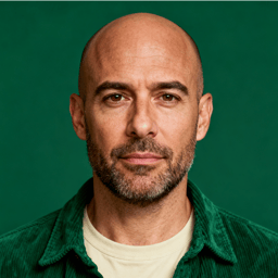 AI-generated portrait of a middle-aged man with a shaved head and light facial hair, wearing a casual shirt, posed with a calm expression against a deep green background in soft light.