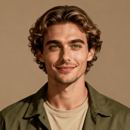 AI-generated portrait of a young man with wavy medium-length hair and light facial hair, wearing a casual jacket, posed with a subtle smile against a tan background in soft light.