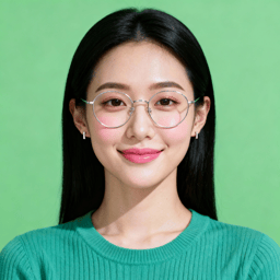 AI-generated portrait of a young woman with straight dark hair and glasses, wearing a simple sweater, posed with a calm expression against a soft green background in diffused light.