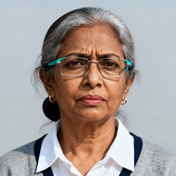 AI-generated portrait of a middle-aged woman with pulled-back hair and glasses, wearing a collared work shirt, posed with a serious expression against a muted background with contrast lighting.