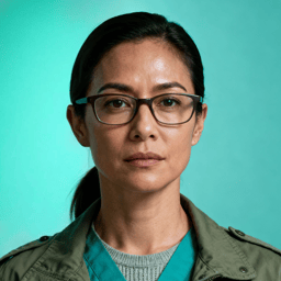 AI-generated portrait of a young woman with tied-back hair and glasses, wearing a utility jacket, posed with a neutral expression against a muted background with contrast lighting.