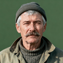 AI-generated portrait of an older man wearing a beanie over gray hair and sporting a mustache, wearing a green khaki jacket, posed with a steady expression against a forest green background with hard lighting.