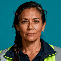 AI-generated portrait of a middle-aged woman with braided hair, wearing a work jacket, posed with a tired expression against a muted industrial background with hard lighting.