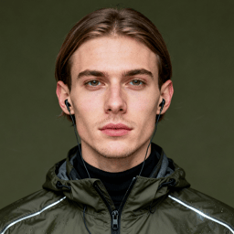 AI-generated portrait of a young man with shoulder-length hair and defined features, wearing a weatherproof jacket, posed with a neutral expression against a dark background with hard lighting.