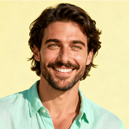 AI-generated portrait of a young man with wavy hair and light facial hair, wearing a light button-up shirt, posed with a smiling expression against a pastel background with bright lighting.