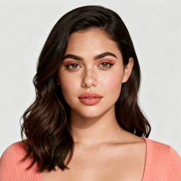 AI-generated portrait of a young woman with long dark hair and defined features, wearing a simple top, posed with a gentle smile against a light pastel background with soft lighting.