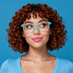 AI-generated portrait of a young woman with pulled-back hair and defined features, wearing a simple top, posed with a calm smile against a light pastel background with diffused lighting.