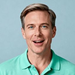 AI-generated portrait of a middle-aged man with short styled hair and clean-shaven face, wearing a collared shirt, posed with a pleasant smile against a light pastel background with even lighting.
