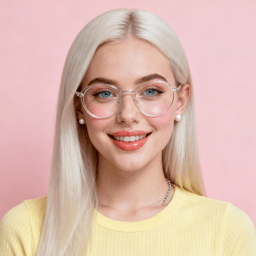 AI-generated portrait of a young woman with long light hair and glasses, wearing a pastel top, posed with a friendly smile against a soft pastel background with diffused lighting.