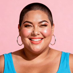 AI-generated portrait of a young woman with very short hair and smooth features, wearing a sleeveless top, posed with a wide smile against a soft pastel background with high-key lighting.