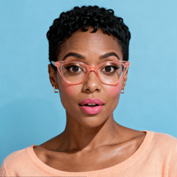 AI-generated portrait of a young woman with short curly hair and glasses, wearing a colorful top, posed with a cheerful expression against a light pastel background with bright lighting.