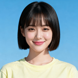 AI-generated portrait of a young woman with a short straight bob and smooth facial features, wearing a pastel top, posed with a friendly smile against a sky-blue background in bright even light.