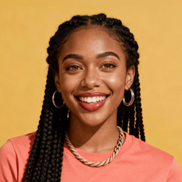 AI-generated portrait of a young woman with long braids and bright eyes, wearing a colorful top, posed with a wide smile against a warm yellow background in even light.