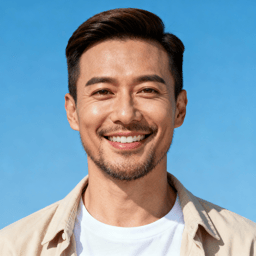 AI-generated portrait of a young man with short styled hair and light stubble, wearing a casual shirt, posed with a broad smile against a sky-blue background in even lighting.