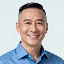 AI-generated portrait of a middle-aged man with short, neatly styled hair, wearing a light button-up shirt, posed with a warm smile against a pale studio background in even lighting.