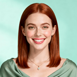 AI-generated portrait of a young woman with straight shoulder-length hair, wearing a light top, posed with a bright smile against a clean studio background in even lighting.